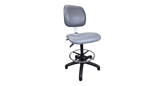 Grey upholstered bench-height lab chair (005) with chrome footring and glides